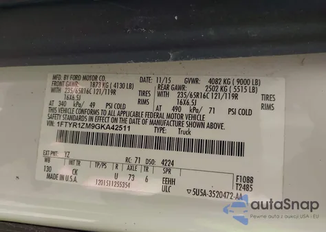 2016 Ford Transit-250 z USA, uszkodzony, nr VIN 1FTYR1ZM9GKA42511